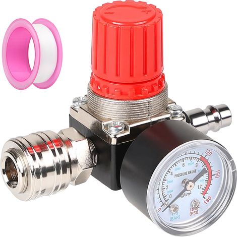 Réducteur de Pression d'Air Comprimé 1/4 avec Manomètre 175 PSI 12 Bar 3 Trous, Détendeur Pneumatique avec Bande Téflon, Vanne de Régulation de Pression pour Compresseur d'Air (1/5)
