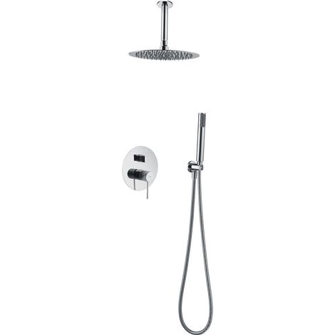 IMEX Kit empotrado de ducha Line acero y latón cromado mezclador 2 vías rociador Ø25 cartucho monomando 35 mm y soporte a techo Imex-GPQ038