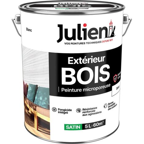 Julien Peinture Bois Microporeux Extérieur Satin - Portes, fenêtres, portails, mobilier de jardin - Blanc 5 L
