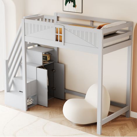 Cama alta con almacenaje lateral y ventana gris OKMYHOME (1/5)