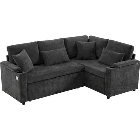 Sofá rinconero en L convertible con arcón, portavasos, USB y 4 cojines, gris oscuro (1/5)
