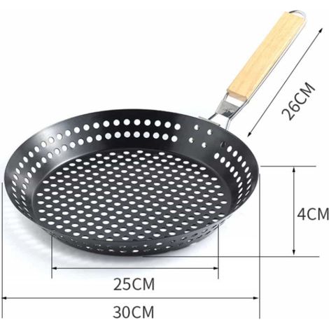 Poêle à griller pliable pour barbecue avec trous, 30 cm, antiadhésive, avec poignée pliable en bois, idéale pour le camping, les brochettes et les barbecues en plein air. (1/5)