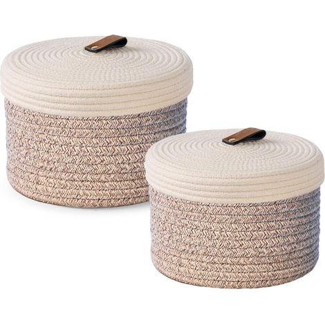 2-teiliges Aufbewahrungskorb-Set mit Deckel, gewebtem Baumwollseil, waschbarer dekorativer Spielzeugaufbewahrungsbox mit Lederetikett und Griff (Braun/Weiß, 29x17cm/25x13,5cm) (1/5)