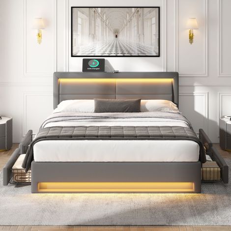 Bett Polsterbett Stauraum 140x200 PU Grau OKMYHOME