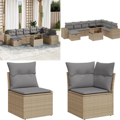 Salon de jardin avec coussins 9 pcs beige résine tressée - Ensemble Salon De Jardin - Mobilier De Jardin - Canapé D'angle - Canapé Centre - Chaise Longue - Home & Living (1/5)