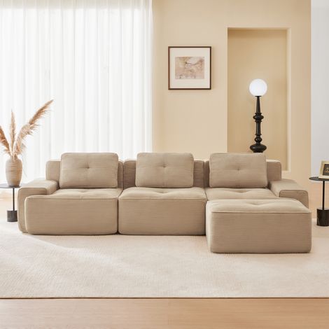 Modulares 3-Sitzer-Ecksofa aus Cord mit 1 Hocker, rahmenlos, 32D-Gummizug, extra tiefe Sitzflächen, 293 x 177 x 69 cm, beige