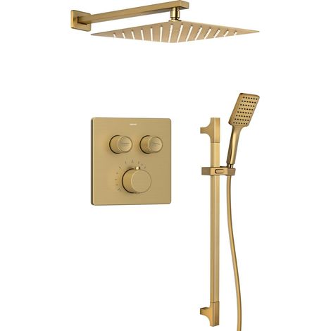 Ensemble de douche à encastrer SMART SELECT avec mitigeur thermostatique, 2 sorties, support de douche réglable, or mat