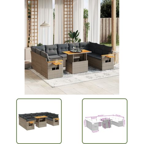 The Living Store 11-tlg. Garten-Sofagarnitur mit Kissen Grau Poly Rattan - Gartenmöbel Set - PE-Rattan Möbel - Outdoor Lounge - Gartenlounge - Balkonmöbel (1/3)