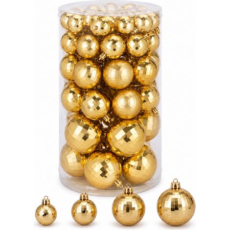 Ensemble de 64 boules de Noël dorées Well Home, en 4 tailles (22 x Ø4 cm, 14 x Ø5 cm, 18 x Ø6 cm et 10 x Ø8 cm), finition brillante. (1/4)