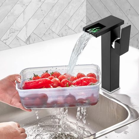 Schwarz mit Licht Wasserhahn, LED-Beleuchtung Waschbecken-Wasserhahn, RGB Badezimmer-Wasserhahn, Wasserfall, dreifarbig einstellbare Mono-Control-Wasserhahn, Badezimmer und Waschbecken-Beleuchtung (1/5)
