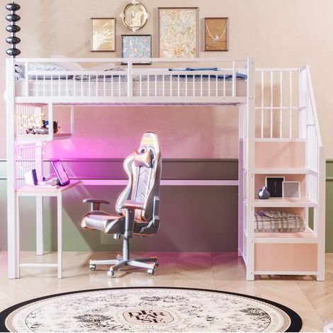 Lit mezzanine en métal blanc 90x200 cm, avec bureau intégré, étagères et escalier de rangement (1/5)