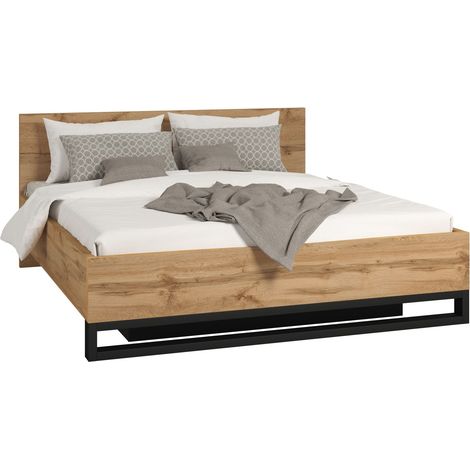 Cama Avicavu 118, Roble wotan + Negro, Doble, 160x200, Aglomerado laminado, Somieres, 168x209x94cm