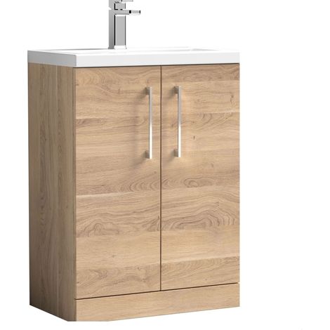 Bramshall Compact 600mm 2 Door Bleached Oak Floor Standing Vanity Unit With Basin