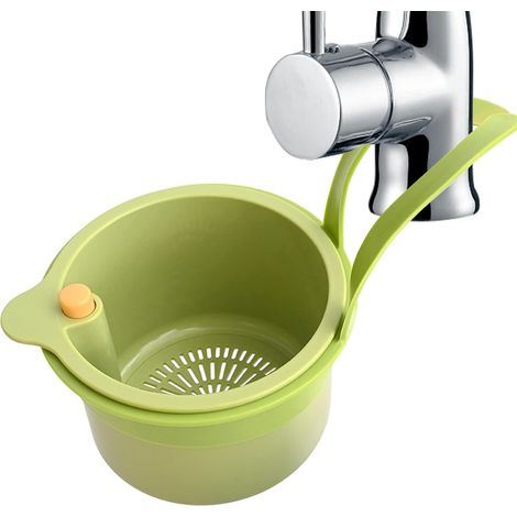 Juego de 2 cestas de cocina - Escurridor de platos - Escurridor de platos con botón pulsador - Escurridor de verduras para fregadero - PET + ABS - Verde - Blanco