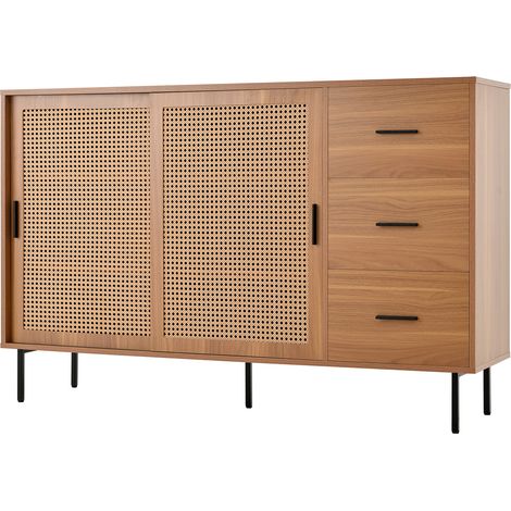 CAIziBuffet 140 cm style campagne, portes coulissantes, 3 tiroirs, rangement (1/5)