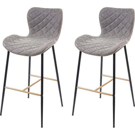 2er-Set Barhocker HHG-956, Barstuhl Tresenhocker, Vintage goldfarbene Streben Kunstleder Wildlederimitat grau
