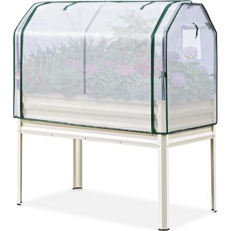 Bac de culture surélevé 120 x 60 x 140 cm, Mini serre PE et voile protectrice inclus, Beige (1/3)