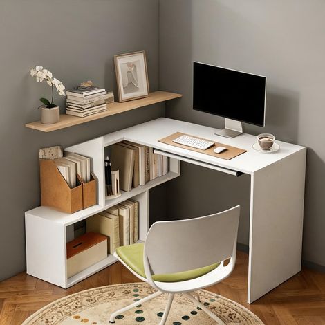 Bureau d'angle en panneaux de particules blanc avec rangements (1/5)