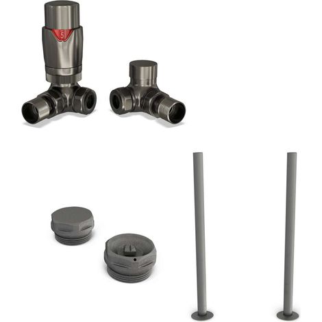 Stirling Bold - Pewter Thermostatic Radiator Valve & Installation Kit Corner 15mm (130mm version) (1/3)
