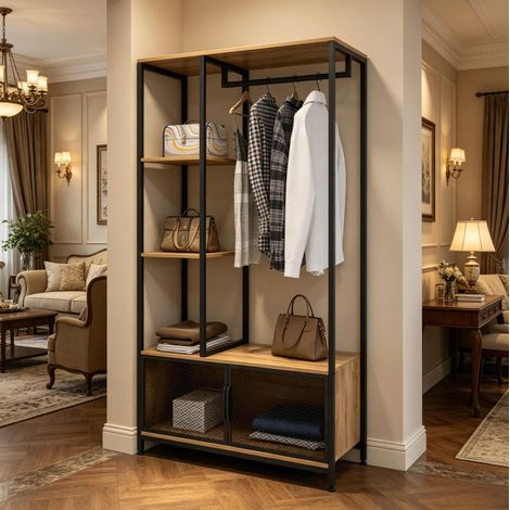Porte-manteau ouvert 90x40x167 cm en métal et MDF noir, gain de place pour entrée FLORAGRACE (1/5)