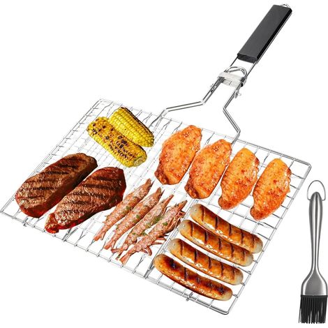 Panier à Rôtir à Poisson, grille de 34 x 32 cm avec brosse en silicone, pince à poisson pliable,Panier de barbecue avec poignée amovible Pour le camping et les grillades poissons légumes crevettes (1/5)