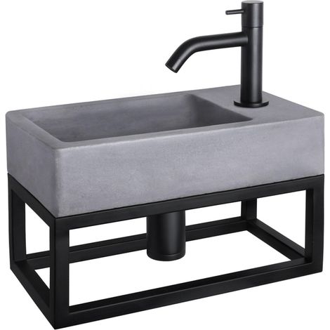 Differnz Force kit lave-mains - 40x22x8cm - Rectangulaire - 1 trou de robinet - Robinet courbé noir mat - avec cadre noir - Gris béton (1/5)