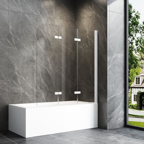 120x140cm Weiß Badewannenaufsatz 3-teilig Duschtrennwand für Badewanne Duschwand Badewanne Faltwand Duschabtrennung Badewanne, 6mm ESG Glas