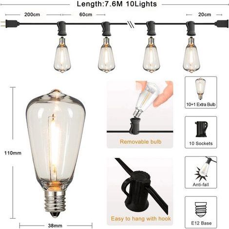 10 ST38 LED-Lichterketten, 7,6 m, IP44 wasserdicht, tropfenförmige Glühbirnen, für die Dekoration von Garten, Terrasse und Balkon (1/5)