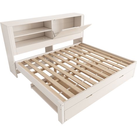 Cama nido 140 x 190 cm con almacenaje y estación de carga USB-C, blanca (1/5)