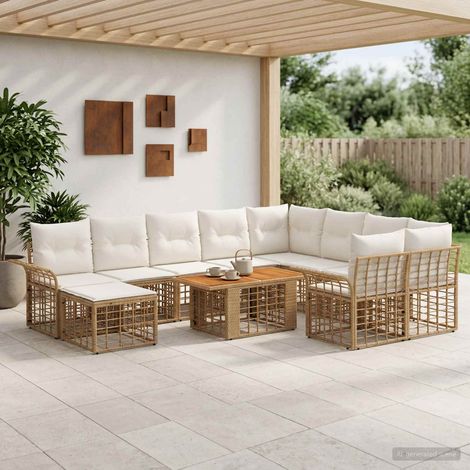 vidaXL Set Divano da Giardino 11 pz Naturale e Bianco Crema polyrattan (1/5)