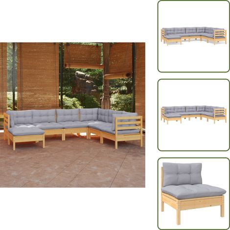 7-tlg. Garten-Lounge-Set mit Grauen Kissen Kiefer Massivholz - Gartengeräte - Lounge Set - Gartenmöbel - Outdoor Möbel - Rattan Gartenmöbel (1/5)