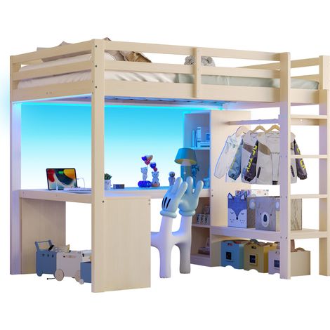 Lit mezzanine 140x200 avec bureau sous lit, étagères multifonctions, éclairage led et usb, design gain de place, panneau bois, couleur bois naturel (1/5)
