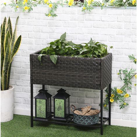 Hochbeet bac à fleurs surélevé en résine tressée avec étagère et pieds, 70 x 30 x 72 cm, brun, pour jardin balcon terrasse  CHICFURN (1/5)