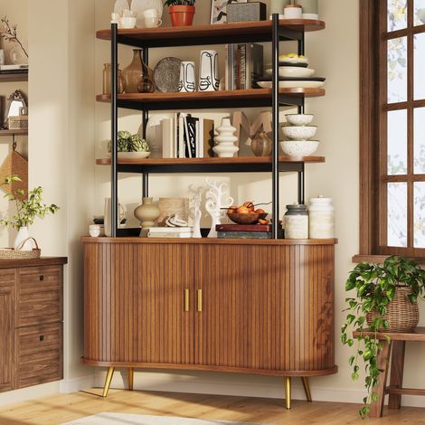 Buffet haut 120x40x183 cm, meuble de cuisine avec portes coulissantes, étagères ouvertes 4 niveaux, rainures verticales, MDF, marron (1/5)