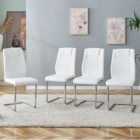 REDOM - Juego de 2 sillas de comedor patas metálicas plateadas curvadas, respaldo con motivo de malla, estilo moderno PU blanco (1/5)