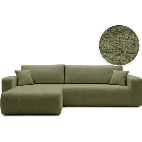 Canapé d'angle BARDOT max réversible convertible 5 places en tissu bouclette - Vert kaki (1/5)