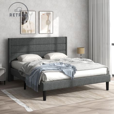 Lit Rembourré 140x200cm - Velours - Design Moderne - Tête de Lit -Gris Foncé (1/5)