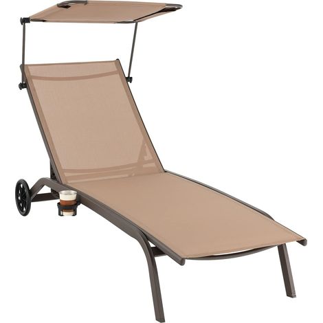 COSTWAY Sonnenliege mit Rollen, Getränkehalter & Dach, Gartenliege mit Verstellbarer Rückenlehne, Terrassenliege, bis 150kg Braun (1/5)