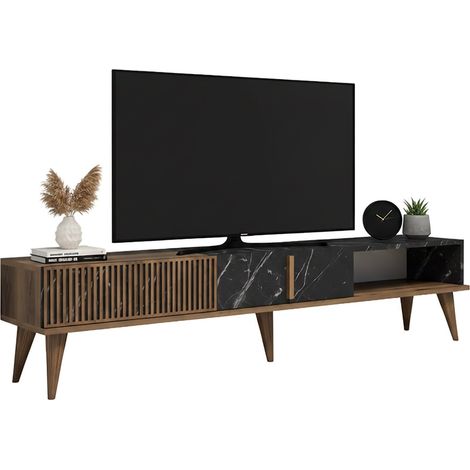 Dmora - Fernsehschrank Kepler, Ständer für Wohnzimmerfernseher, Niedriges Wohnzimmer-Sideboard, TV-Ständerbasis, 180x35 h40 cm, Walnuss und Schwarz