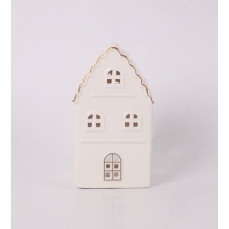 Windlicht Haus Keramik 15 x 9 cm weiß gold Windlicht