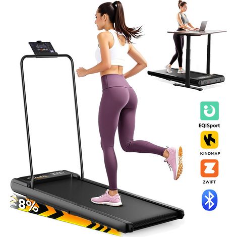 Walking Pad Compact 2-8 km/h avec Inclinaison Réglable sur 4 Niveaux jusqu'à 8 %, Barre d'Appui Amovible, Bluetooth et Télécommande, Écran LED, Tapis de Marche Gain de Place pour Maison et Bureau (1/5)