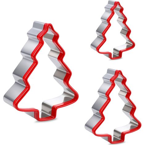 Set mit 3 Weihnachtsbäumchen-Ausstechformen – Korpus aus Edelstahl und umweltfreundlichem rotem PVC-Material, ideal zum Backen von Weihnachtsplätzchen (beinhaltet 3 Größen). (1/5)