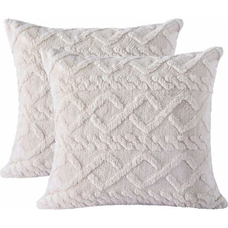 Lot de 2 housses de coussin beiges en peluche crème douce 45 x 45 cm, taies d'oreiller carrées de style bohème avec taies d'ore (1/4)