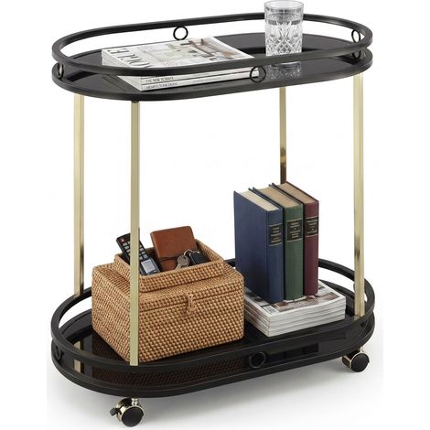 Relaxdays Servierwagen, 2 Etagen, Glas & Metall, H x B x T: 77,5 x 72 x 42 cm, Küchenwagen mit 4 Rollen, schwarz/gold (1/5)