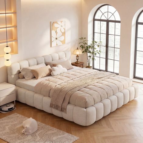 Lit Double Rembourré 140x190 cm,Lit Bulle avec Sommier à Lattes, Lit adulte 140x190 Lits 2 Personnes Capitonne avec Tête de Lits,Cadre de Lit pour Adulte et Adolescents,sans Matelas,Tissu en Lin,Beige