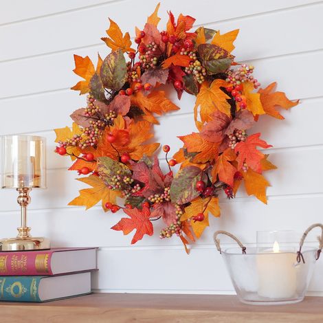 Guirlande Porte Automne - Couronne Simulée Feuille D'érable Baies Fruits Mélangés Cercle Solaire - 50 x 50 cm - 1 Pièce (1/5)