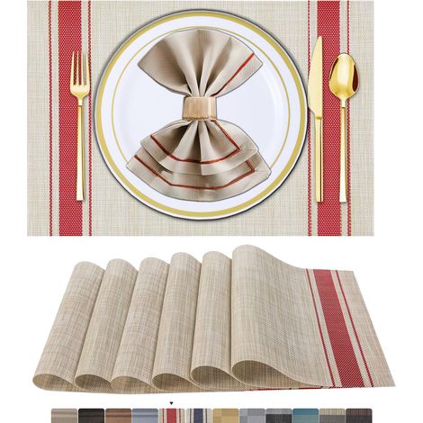 6 Sets de Table Lavable PVC Vinyle Dessous Assiette de Dîner Durables Napperon Rectangulaire Intérieure/Extérieure 6 Pièces 01 Rouge (1/5)