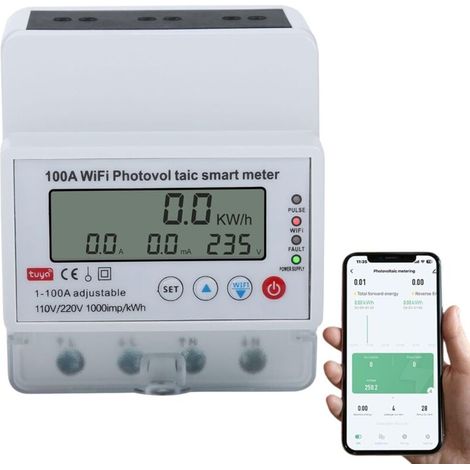 – Compteur d'énergie intelligent WiFi 100A – Monophasé 4P – Mesure photovoltaïque bidirectionnelle – Protection contre surtensions (1/5)