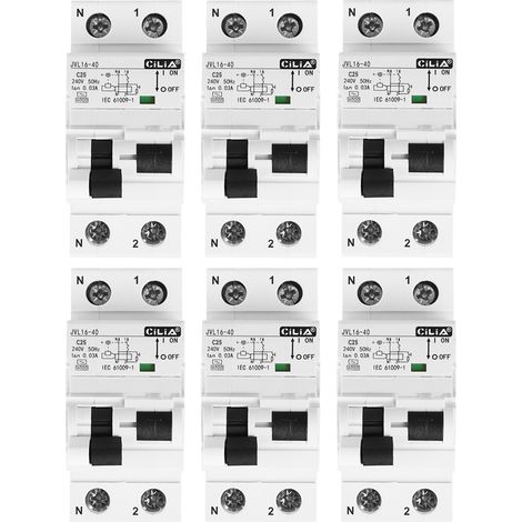 Lot de 6 Disjoncteur Différentiel Magnétothermique CILIA (RCBO) 1P+N  30mA Type AC, Courbe C, 6kA  2 Modules, 230V pour Tableau Électrique, 25A