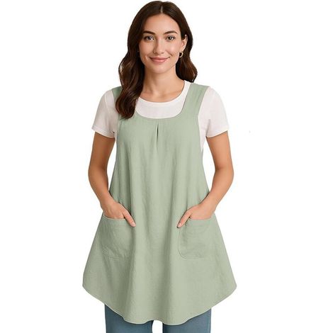 Tablier avec Poche en Coton et Lin, Tablier Japonais pour Jardinage, Peinture, Vert (1/4)
